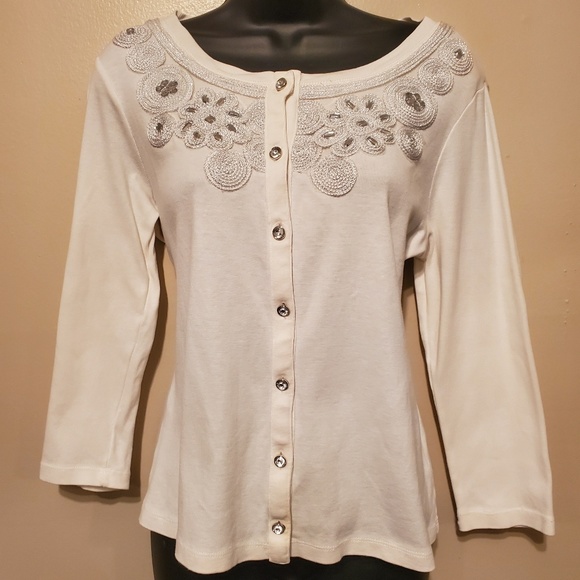 White/Silver Embellished Rafaella Cardigan Sweater - Picture 1 of 4
